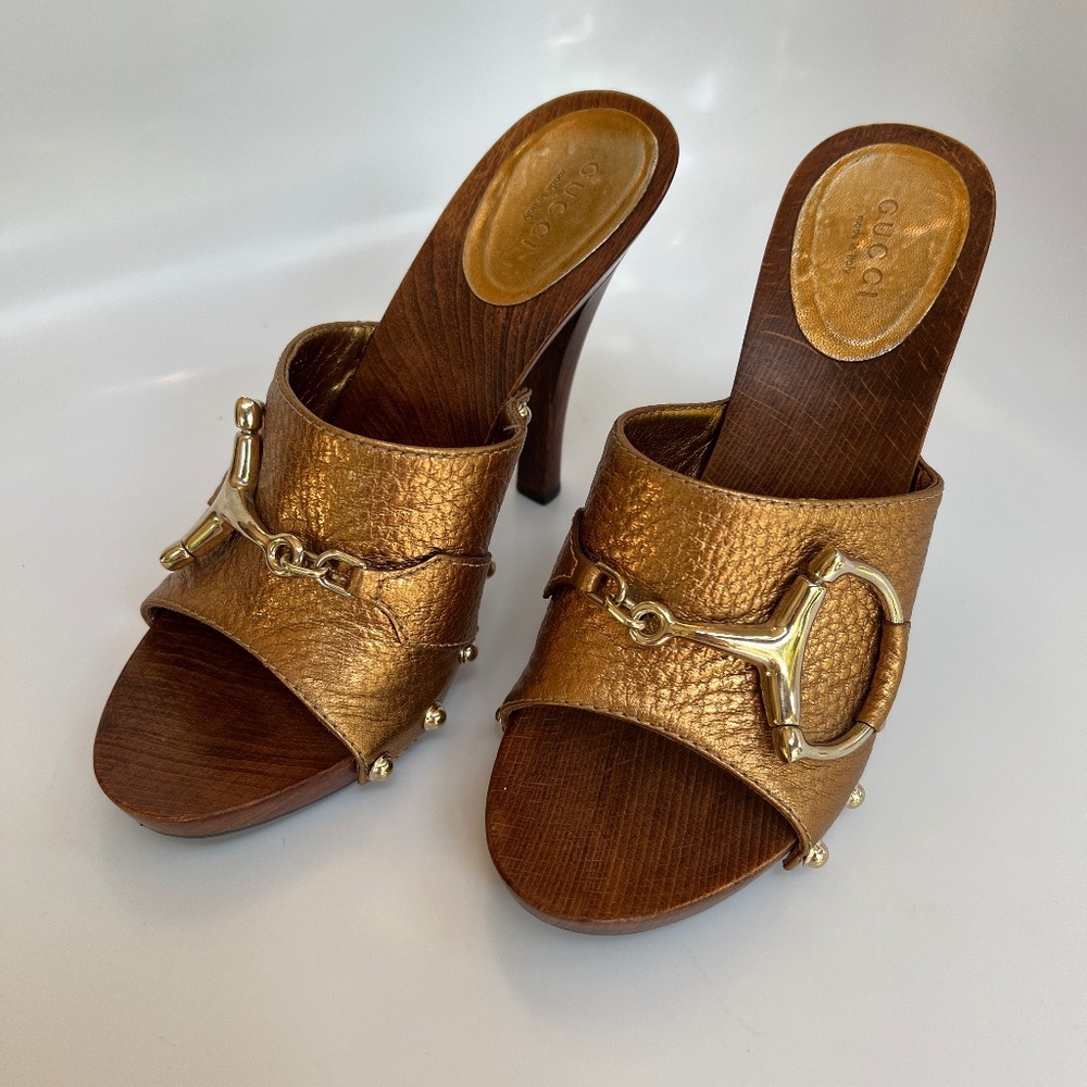 GUCCI HORSEBIT WOODEN PLATFORM SANDALS COPPER LEATHER SZ 36 6.